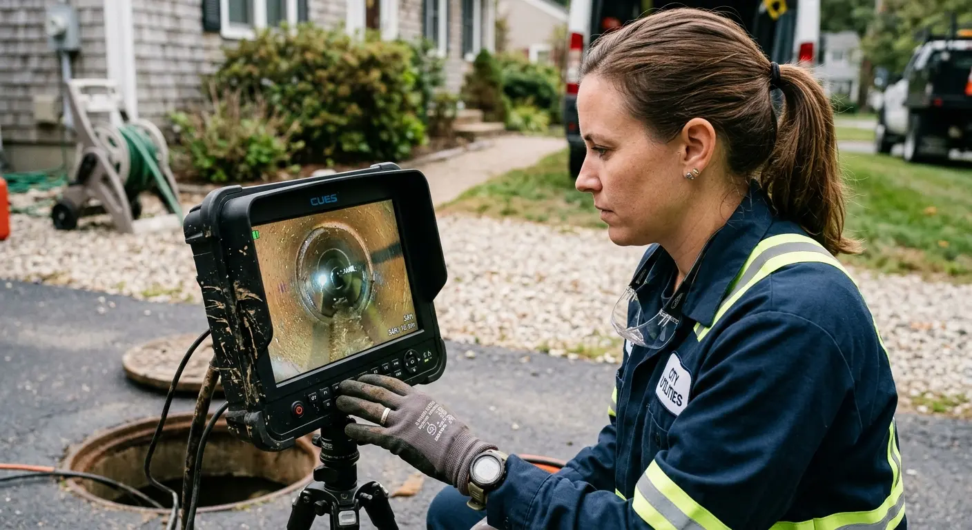 Technician reviewing sewer camera inspection footage in Oxnard