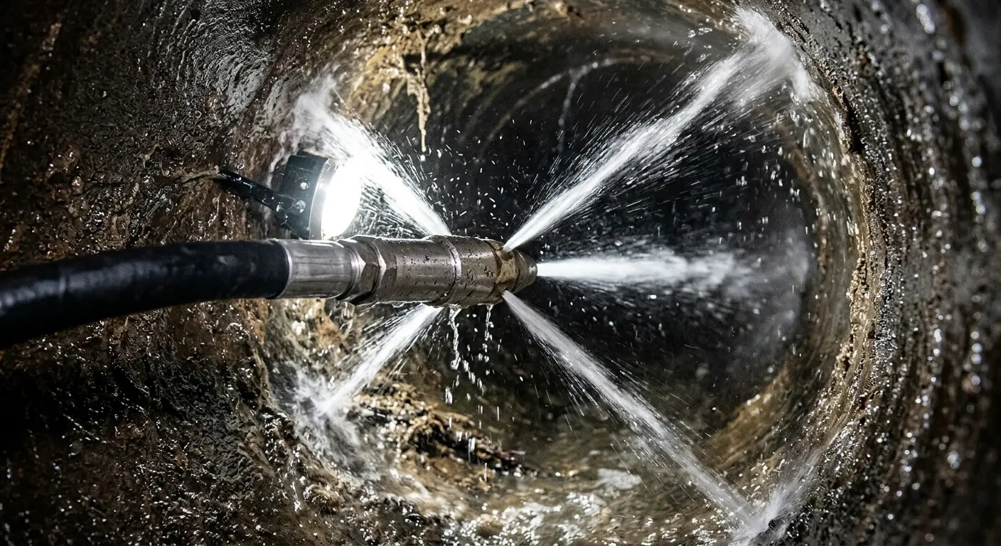 High-pressure hydro jetting nozzle cleaning sewer pipe for Emergency Drain Service in Oxnard