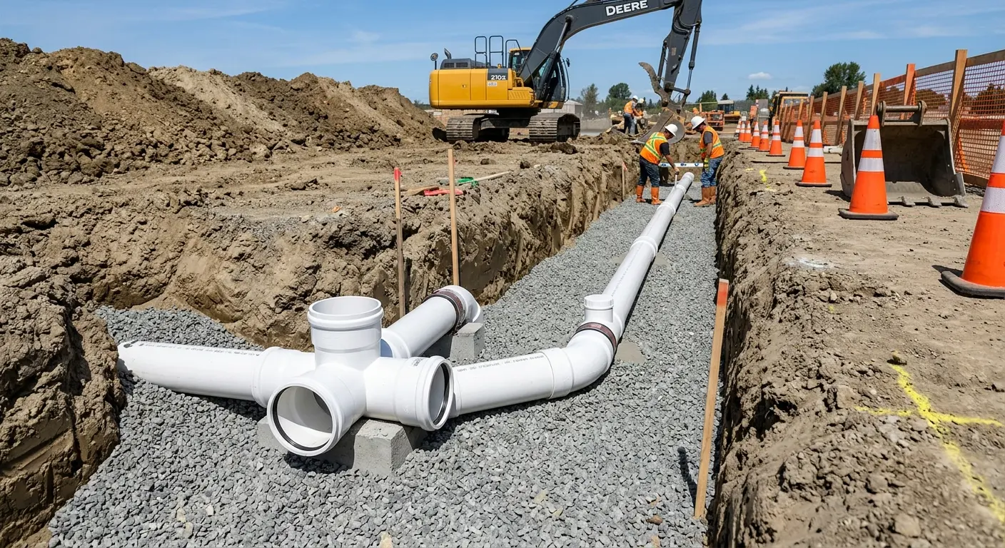 New PVC sewer pipe installation in open trench for Commercial Drain Cleaning in Oxnard