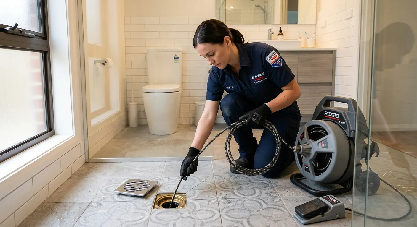 Technician clearing a bathroom floor drain for Drain Repair in Oxnard